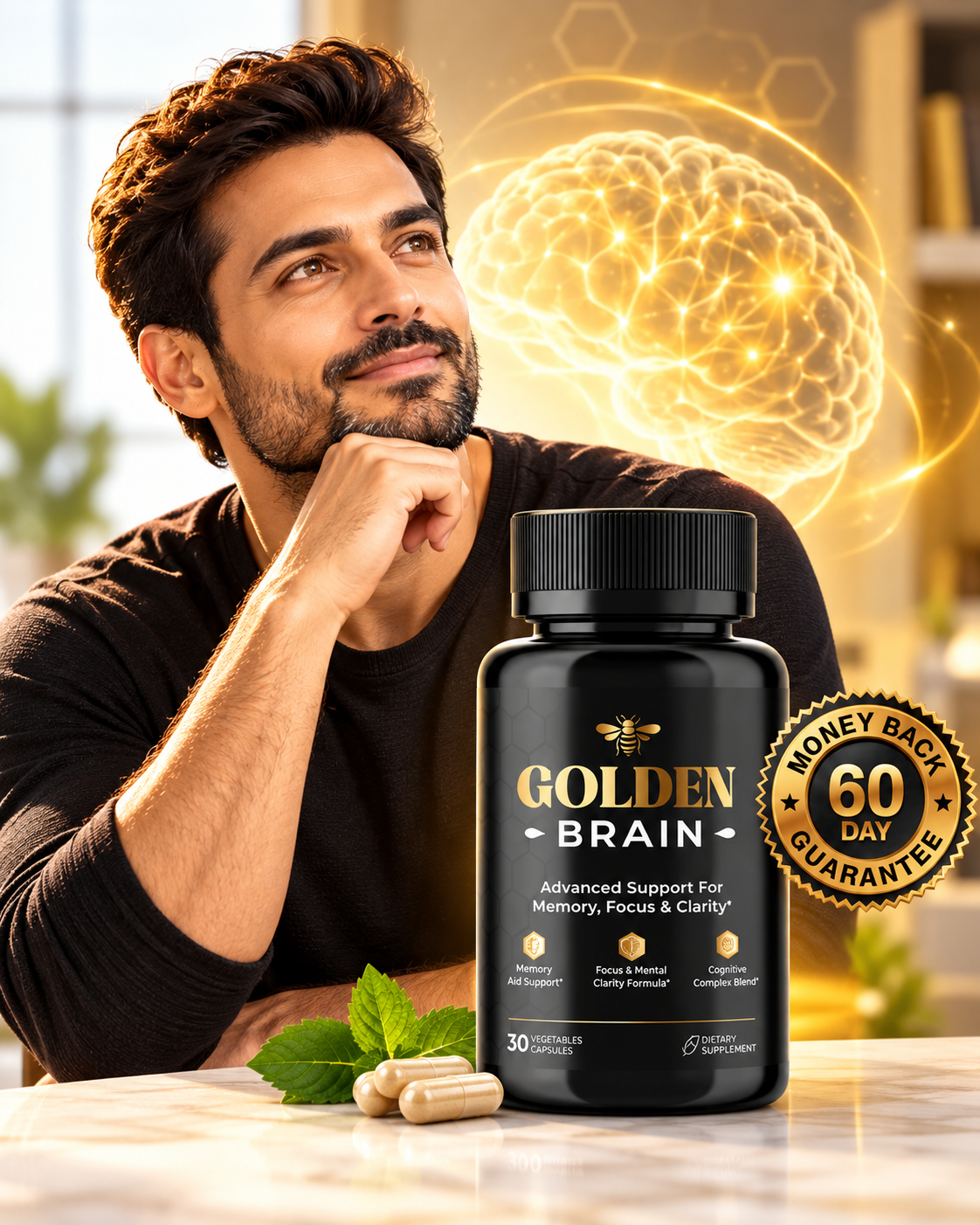 Man thinking clearly next to a GoldenBrain memory, focus and clarity supplement bottle with a glowing brain graphic and 60-day money-back guarantee seal
